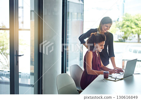 Success, data analysis or business women with laptop for business meeting, invest strategy or planning company finance. Collaboration, happy or teamwork on tax data analysis or financial network Success, data analysis or business women with laptop for business meeting, invest strategy or planning company finance. Collaboration, happy or teamwork on tax data analysis or financial network 130616849
