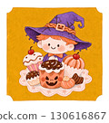Cute illustration of a boy with Halloween sweets | Cupcakes and pumpkin sweets 130616867