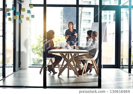 Presentation, financial or business people in invest business meeting, finance review or planning company schedule. Collaboration, strategy or teamwork on data analysis, communication or networking 130616869