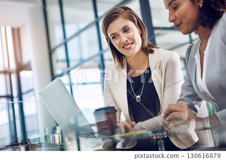 Happy, data analysis or business women with laptop for business meeting, invest strategy or planning company finance. Collaboration, thinking or teamwork on tax data analysis or financial network 130616879