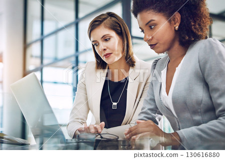 Business team, laptop and collaboration planning strategy, marketing meeting or teamwork discussion. Corporate women, online web design and ux designers development on digital tech device in office 130616880