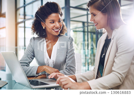 Happy, data analysis or business women on laptop for success business meeting, invest strategy or planning company finance. Collaboration, smile or teamwork on tax data analysis or financial network Happy, data analysis or business women on laptop for success business meeting, invest strategy or planning company finance. Collaboration, smile or teamwork on tax data analysis or financial network 130616883