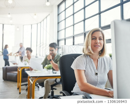 Company, computer and business woman in office working on online email, website research and project. Productivity, corporate agency and female worker at desk for planning, schedule and strategy 130616943