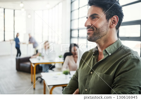 Creative businessman, smile and thinking for idea, strategy or marketing design plan at the office. Happy employee man designer contemplating, day dreaming or looking away in thought for startup 130616945