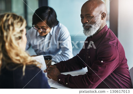 Strategy, data analysis or black man in business meeting, investment review or planning company finance. Collaboration, thinking CEO or teamwork on tax data analytics or global financial network 130617013