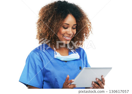 Doctor black woman, tablet and studio in communication, smile or focus on healthcare research by white background. Isolated nurse, mobile tech touchscreen and reading on social network, app or chat Doctor black woman, tablet and studio in communication, smile or focus on healthcare research by white background. Isolated nurse, mobile tech touchscreen and reading on social network, app or chat 130617057