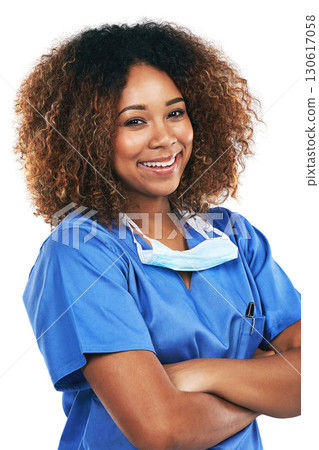 Nurse, portrait and black woman with arms crossed in studio isolated on white background. Medic, healthcare or confident, happy or proud female medical physician from Nigeria ready for wellness goals 130617058