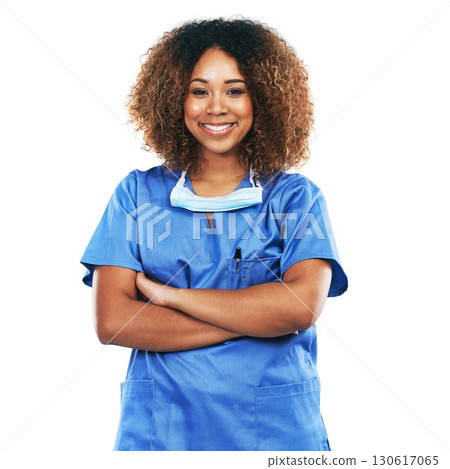 Portrait, black woman and nurse with arms crossed in studio isolated on white background. Face, healthcare or confident, proud and happy female medical physician from Nigeria ready for wellness goals Portrait, black woman and nurse with arms crossed in studio isolated on white background. Face, healthcare or confident, proud and happy female medical physician from Nigeria ready for wellness goals 130617065
