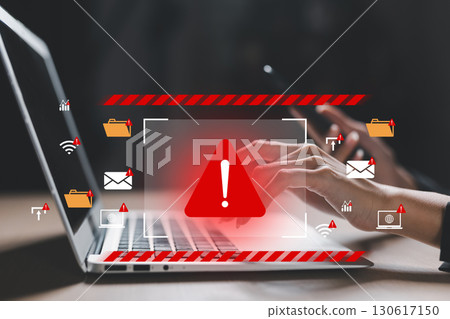 Cybersecurity warning on laptop screen with alert icons, indicating data breach, phishing, or malware risk. Concept of online threat, hacker attack and information security. Cybersecurity warning on laptop screen with alert icons, indicating data breach, phishing, or malware risk. Concept of online threat, hacker attack and information security. 130617150