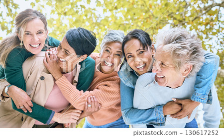 Friends, park and portrait of group of women enjoying bonding, quality time and relax in retirement together. Diversity, friendship and faces of happy senior females with smile, hugging and laugh 130617252