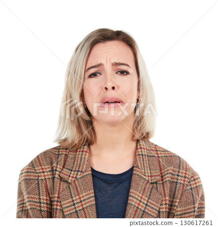 Sad face, white background and portrait of woman isolated in studio for upset, depression and unhappy emotion. Sadness, fail and frustrated girl with depressed, crying and negative facial expression Sad face, white background and portrait of woman isolated in studio for upset, depression and unhappy emotion. Sadness, fail and frustrated girl with depressed, crying and negative facial expression 130617261