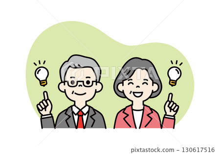 在向量圖上，一位穿著西裝的老年男子和一位婦女想出了一個好主意，上身 130617516