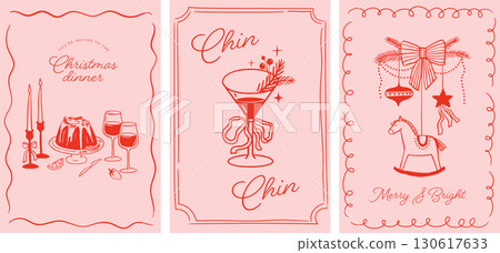 Merry Christmas, hand drawn illustrations, vertical Christmas cards in modern vintage style 130617633