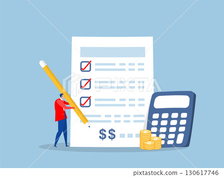 Businessman with calculator estimate cost from project document Project cost estimation, calculate budget or resources to finish work invoices or taxes. cost or loan concept. Businessman with calculator estimate cost from project document Project cost estimation, calculate budget or resources to finish work invoices or taxes. cost or loan concept. 130617746