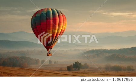 Realistic image of hot air balloon floating over countryside 130617996