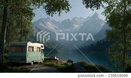 3D render of camper van parked near lake with mountains 130618006