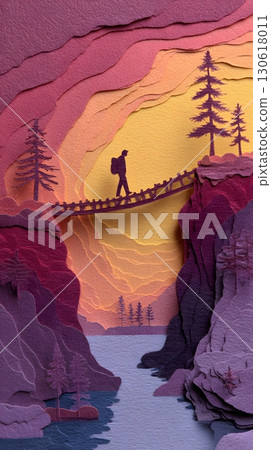 Paper cut layered composition of solo traveler walking on bridge 130618011