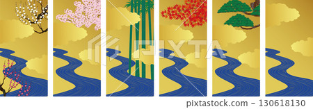 日式背景。插圖描繪了梅花、櫻花、竹子、秋葉、松樹和其他季節性植物以及一條藍色的河流。 日式背景。插圖描繪了梅花、櫻花、竹子、秋葉、松樹和其他季節性植物以及一條藍色的河流。 130618130