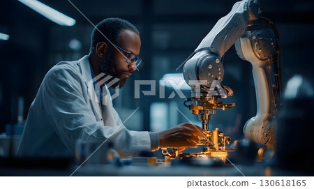 Realistic photo of engineer adjusting AI robot in tech lab 130618165
