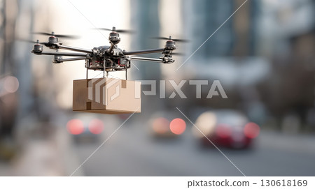Realistic image of drone delivering package in urban environment 130618169