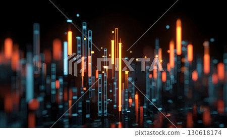 3D render of digital stock chart with glowing candlesticks 130618174