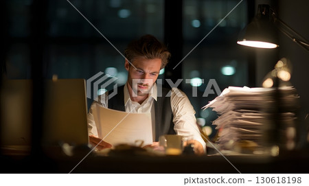 Realistic photo of entrepreneur working late at office with documents 130618198