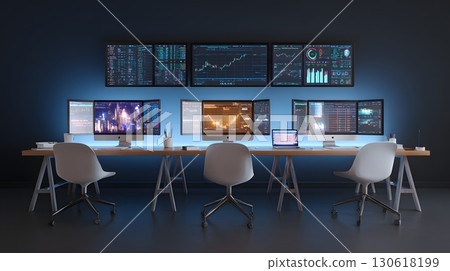 3D render of tech startup workspace with multiple monitors and gadgets 130618199