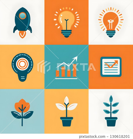 Flat vector design of entrepreneurship icons: plan, growth, idea, strategy Flat vector design of entrepreneurship icons: plan, growth, idea, strategy 130618201