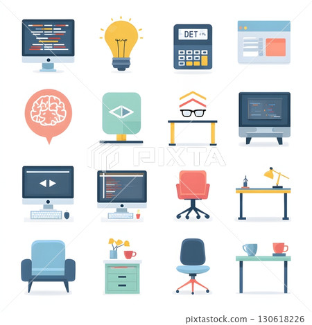 Flat design of creative workspace icons: design, code, idea, meeting 130618226