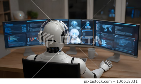 3D render of AI chatbot interacting on multiple screens 130618331