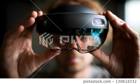Realistic photo of mixed reality headset in hands, immersive view Realistic photo of mixed reality headset in hands, immersive view 130618332