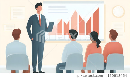 Realistic image of entrepreneur delivering presentation to investors 130618464