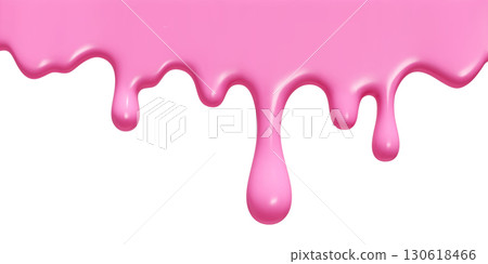Pink ice cream melt with glossy drips and smooth texture for dessert designs or summer graphics. Liquid flows down in curved streams on white bg. Sweet decoration for packaging and advertisements. Pink ice cream melt with glossy drips and smooth texture for dessert designs or summer graphics. Liquid flows down in curved streams on white bg. Sweet decoration for packaging and advertisements. 130618466