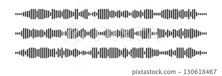Podcast wave sound patterns with black bars for audio visualization or recording interfaces. Waveforms with varying frequencies and amplitudes. Minimalist design elements for music production software 130618467