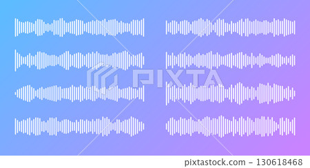 Podcast sound wave patterns with white bars on gradient blue and purple background for audio interfaces. Horizontal waveforms display different rhythms. Digital elements for streaming or production. Podcast sound wave patterns with white bars on gradient blue and purple background for audio interfaces. Horizontal waveforms display different rhythms. Digital elements for streaming or production. 130618468