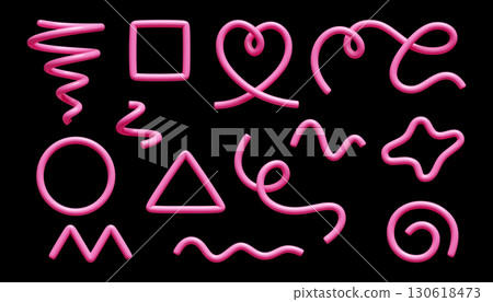 Pink 3d line doodle set with abstract shape designs and glossy tubes on black bg for modern graphics. Geometric forms include spirals and hearts, circles, triangles and waves with smooth curves. 130618473