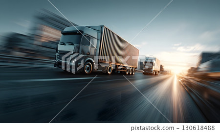3D render of cargo trucks driving on highway logistics concept 3D render of cargo trucks driving on highway logistics concept 130618488