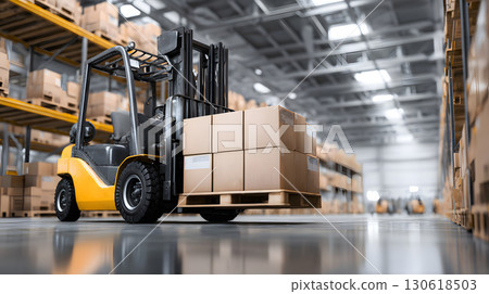 Realistic photo of forklift transporting goods in industrial warehouse 130618503