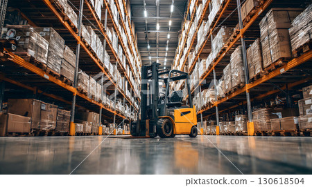 Realistic photo of forklift transporting goods in industrial warehouse Realistic photo of forklift transporting goods in industrial warehouse 130618504