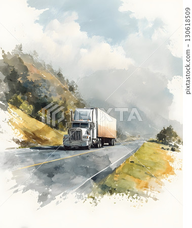 Watercolor illustration of delivery truck on highway in countryside Watercolor illustration of delivery truck on highway in countryside 130618509