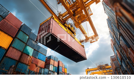 Realistic image of cargo containers being lifted by crane at port Realistic image of cargo containers being lifted by crane at port 130618510