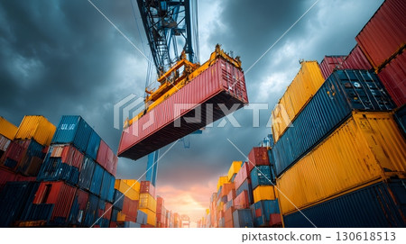 Realistic image of cargo containers being lifted by crane at port Realistic image of cargo containers being lifted by crane at port 130618513