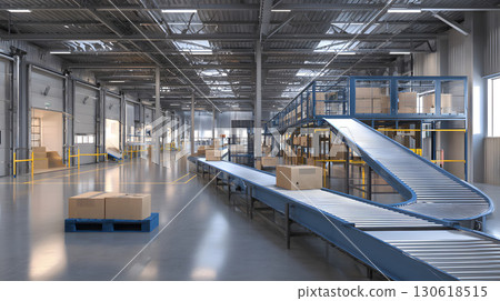 3D render of warehouse interior with conveyor belts and robotic sorting 3D render of warehouse interior with conveyor belts and robotic sorting 130618515