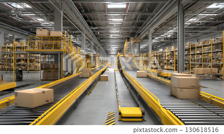 3D render of warehouse interior with conveyor belts and robotic sorting 3D render of warehouse interior with conveyor belts and robotic sorting 130618516