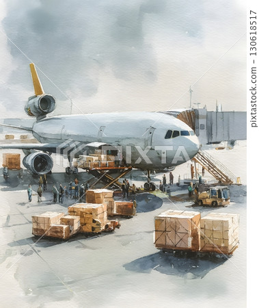 Watercolor painting of plane unloading cargo at airport Watercolor painting of plane unloading cargo at airport 130618517
