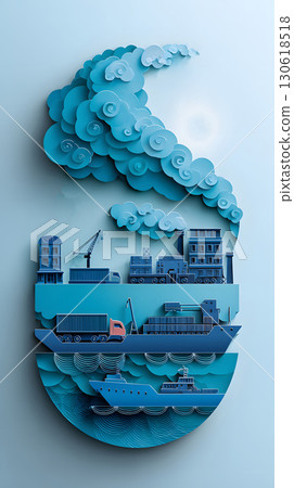 Paper cut layered illustration of supply chain concept with trucks and ships Paper cut layered illustration of supply chain concept with trucks and ships 130618518