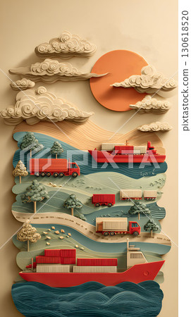 Paper cut layered illustration of supply chain concept with trucks and ships Paper cut layered illustration of supply chain concept with trucks and ships 130618520
