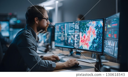 Realistic photo of engineer testing AI algorithms on screen Realistic photo of engineer testing AI algorithms on screen 130618543