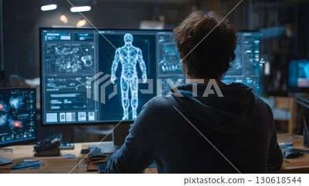 Realistic photo of engineer testing AI algorithms on screen Realistic photo of engineer testing AI algorithms on screen 130618544