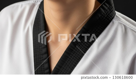 Close-up of Traditional White Taekwondo Uniform with Black Belt	 130618600